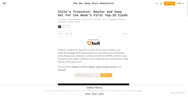 Security scan screenshot of https://herhoopstats.substack.com/p/tulins-treasures-tulins-treasures-nov-20-2025-iowa-baylor