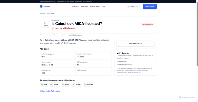 Security scan screenshot of https://eumica.com/exchange/coincheck