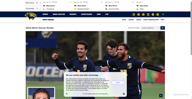 Security scan screenshot of https://saucougars.com/sports/msoc/roster/matheus-cunha/16172