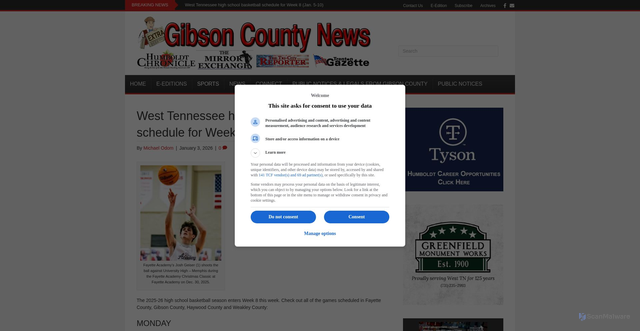 Security scan screenshot of https://www.milanmirrorexchange.com/2026/01/03/west-tennessee-high-school-basketball-schedule-for-week-8-jan-5-10/