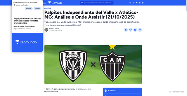 Security scan screenshot of https://www.tecmundo.com.br/apostas/407817-palpites-independiente-del-valle-x-atletico-mg-analise-e-onde-assistir-21102025.htm