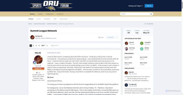 Security scan screenshot of https://forum.orusports.com/index.php?%2Ftopic%2F23458-summit-league-network%2F=