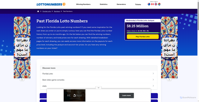 Security scan screenshot of https://www.lottonumbers.com/florida-lotto/past-numbers