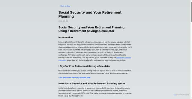 Security scan screenshot of https://retirement-savings-calculator.pages.dev/blog/20260305-social-security-and-your-retirement-planning