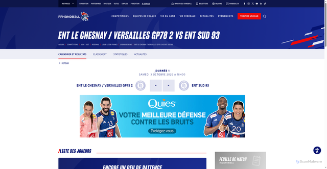 Security scan screenshot of https://www.ffhandball.fr/competitions/saison-2026-2027-22/regional/u18-masculins-33095/poule-196887/rencontre-2725783/