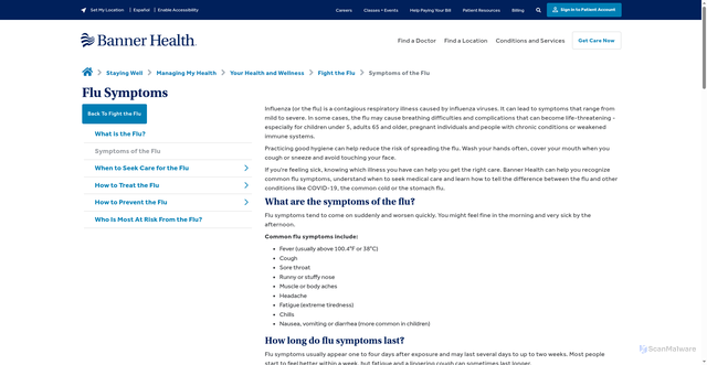 Security scan screenshot of https://www.bannerhealth.com/staying-well/health-and-wellness/wellness/flu/symptoms