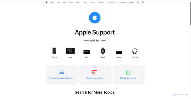 Security scan screenshot of https://support.apple.com