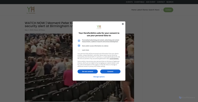 Security scan screenshot of https://yourherefordshire.co.uk/all/news/watch-now-moment-peter-kay-show-was-evacuated-following-security-alert-at-birmingham-utilita-arena-this-evening-friday/