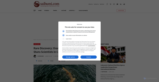 Security scan screenshot of https://saibumi.com/en/rare-discovery-orange-shark-with-white-eyes-stuns-scientists-in-costa-rica/