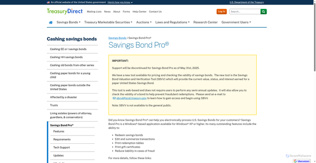 Security scan screenshot of https://www.treasurydirect.gov/savings-bonds/cashing-a-bond/savings-bond-pro/
