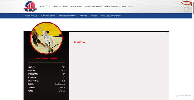Security scan screenshot of https://nbadraftnetwork.com/player/donovan-clingan