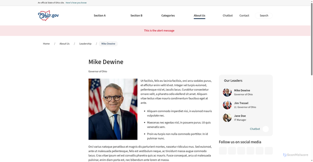 Security scan screenshot of https://sandbox.iop.ohio.gov/about-us/leadership/mike-dewine