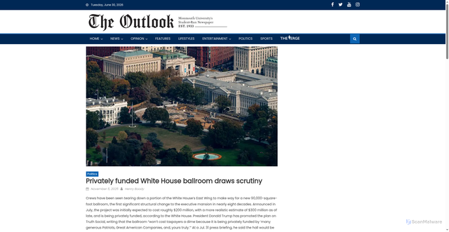 Security scan screenshot of https://outlook.monmouth.edu/2025/11/privately-funded-white-house-ballroom-draws-scrutiny/