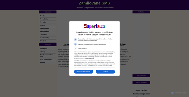 Security scan screenshot of https://zamilovane-sms.superia.cz