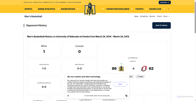 Security scan screenshot of https://goracers.com/sports/mbball/opponent-history/omaha/233