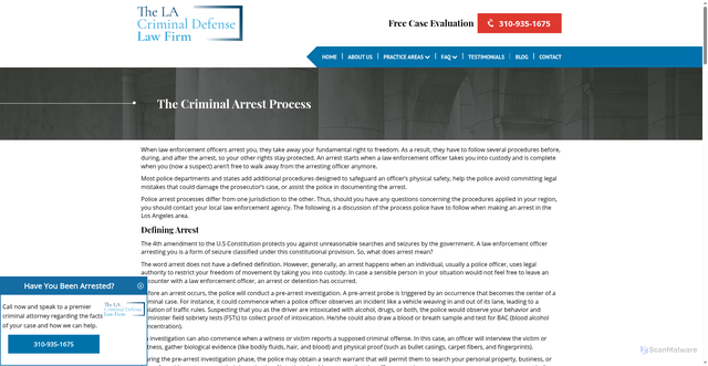 Security scan screenshot of https://www.thelacrimeattorney.com/blog/282-the-criminal-arrest-process
