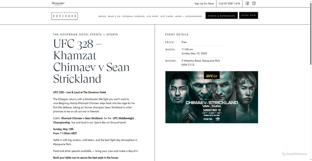Security scan screenshot of https://www.thegovernorhotel.com.au/events/ufc-328-khamzat-chimaev-v-sean-strickland/