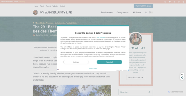 Security scan screenshot of https://www.mywanderlustylife.com/things-to-do-orlando-besides-theme-parks/