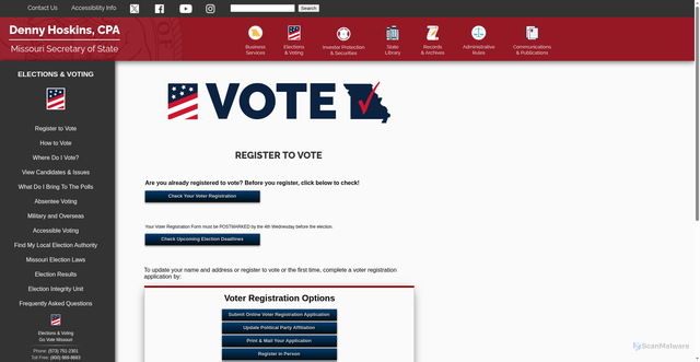 Security scan screenshot of https://www.sos.mo.gov/elections/govotemissouri/register