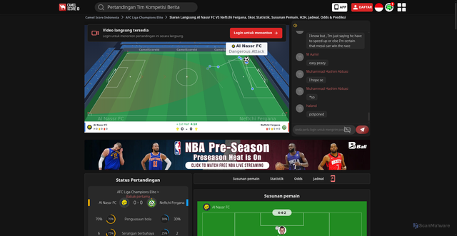 Security scan screenshot of https://www.camelscore.id/head-to-head/20261013-al-nassr-vs-neftchi-fergana