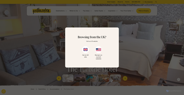Security scan screenshot of https://yellowzebrasafaris.com/us/south-africa/accommodation/the-turbine-hotel/