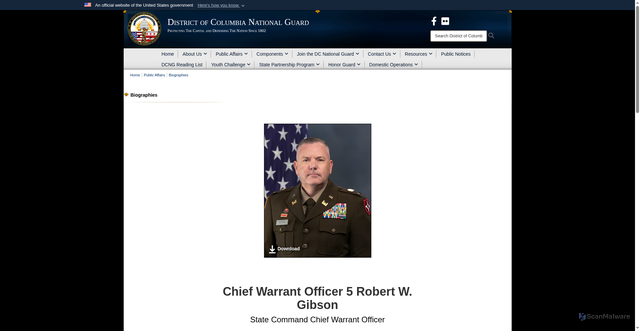 Security scan screenshot of https://dc.ng.mil/News/Biographies/Article/1524812/chief-warrant-officer-5-robert-w-gibson/