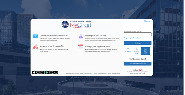 Security scan screenshot of https://mychart.et1225.epichosted.com