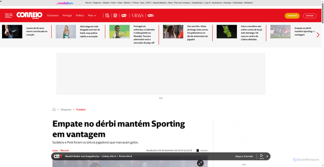 Security scan screenshot of https://www.cmjornal.pt/desporto/futebol/detalhe/veja-os-onzes-de-benfica-e-sporting-para-o-derbi-na-luz