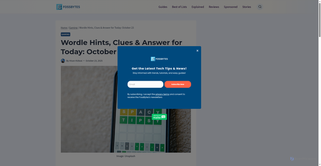 Security scan screenshot of https://fossbytes.com/wordle-hints-clues-answer-for-today-october-23/