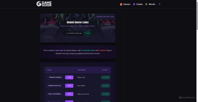 Security scan screenshot of https://www.game.guide/roblox-codes/demon-hunter