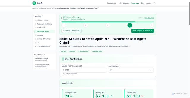 Security scan screenshot of https://calcfi.app/calculators/social-security-optimizer