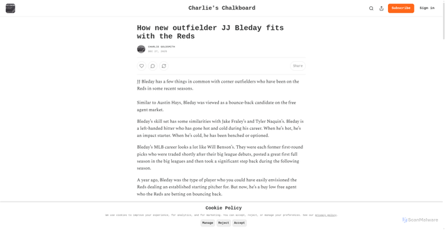 Security scan screenshot of https://charlieschalkboard.substack.com/p/how-new-outfielder-jj-bleday-fits