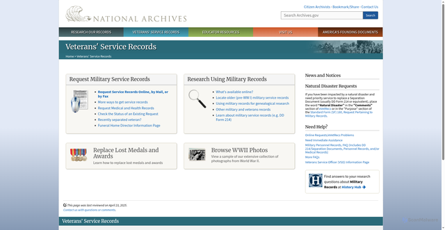 Security scan screenshot of https://www.archives.gov/veterans