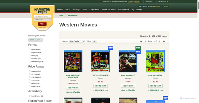 Security scan screenshot of https://www.hamiltonbook.com/Movies/Western-Movies