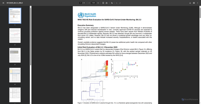 Security scan screenshot of https://cdn.who.int/media/docs/default-source/documents/epp/tracking-sars-cov-2/05122025_ba.3.2_ire.pdf?sfvrsn=a29c3612_4