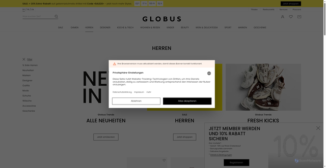 Security scan screenshot of https://www.globus.ch/herren?sc_src=email_4190310&sc_lid=286978072&sc_uid=zP3R20i424&sc_llid=220918&sc_customer=0327f37c9208167d9b0b5fb90d68e28589aef0066bddedd98d9d5328a5adbcbc&utm_source=newsletter_de&utm_medium=email&utm_campaign=20260821_prom_sale_extra20_reminder_DE_4190310&guid=0327f37c9208167d9b0b5fb90d68e28589aef0066bddedd98d9d5328a5adbcbc&utm_content=