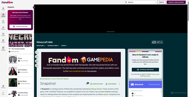 Security scan screenshot of https://minecraft-archive.fandom.com/wiki/Snapshot