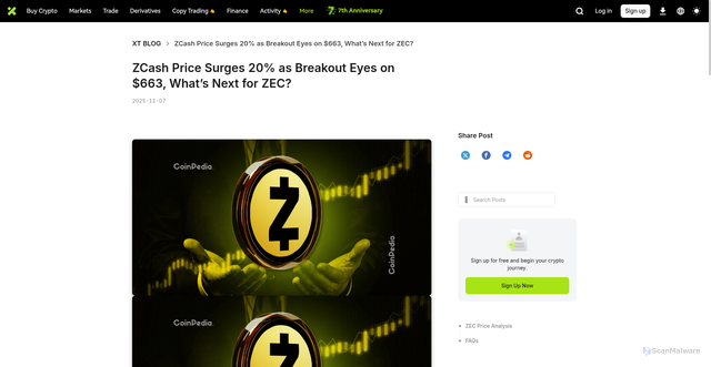 Security scan screenshot of https://www.xt.com/en/blog/post/zcash-price-surges-20-as-breakout-eyes-on-663-whats-next-for-zec