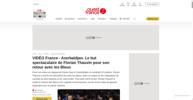 Security scan screenshot of https://www.ouest-france.fr/sport/football/equipe-de-france/video-france-azerbaidjan-le-but-spectaculaire-de-florian-thauvin-pour-son-retour-avec-les-bleus-9b5097e0-a617-11f0-aa8e-e39f42e4d309
