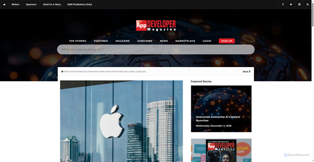 Security scan screenshot of https://appdevelopermagazine.com/apple-withdraws-ice-tracking-apps-from-app-store-including-iceblock/