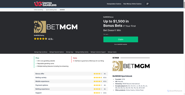 Security scan screenshot of https://unitedgamblers.com/betmgm