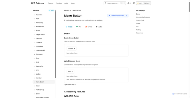 Security scan screenshot of https://apg-patterns-examples.pages.dev/patterns/menu-button/react/
