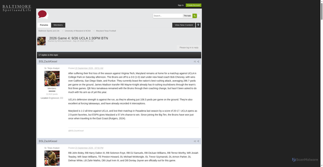 Security scan screenshot of https://forum.baltimoresportsandlife.com/forum/index.php?%2Ftopic%2F29532-2026-game-4-926-ucla-130pm-btn%2F%3Fview=getnewpost