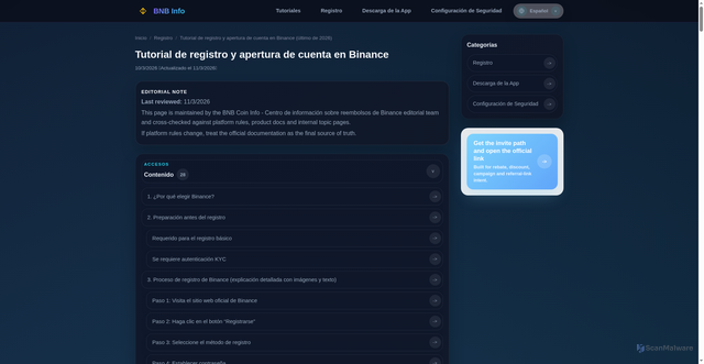 Security scan screenshot of https://bnbcoininfo.com/es/tutorials/registration/how-to-register-binance/