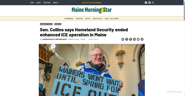 Security scan screenshot of https://mainemorningstar.com/2026/01/29/sen-collins-says-homeland-security-halting-enhanced-ice-operations-in-maine/