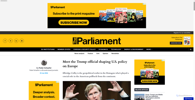 Security scan screenshot of https://www.theparliamentmagazine.eu/news/article/meet-the-trump-official-shaping-us-policy-on-europe