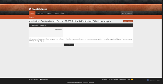 Security scan screenshot of https://www.fanverse.org/threads/tea-app-breach-exposes-72-000-selfies-id-photos-and-other-user-images.1352275/