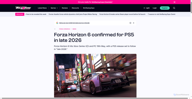 Security scan screenshot of https://traxion.gg/forza-horizon-6-confirmed-for-playstation-5-in-late-2026/
