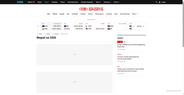 Security scan screenshot of https://www.nine.com.au/sport/cricket/live-scores/nepal-v-usa-icc-cwc-league-2-2023-27/npus10262025266975