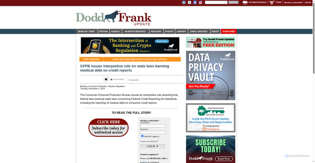 Security scan screenshot of https://www.doddfrankupdate.com/dfu/articlesdfu/cfpb-issues-interpretive-rule-on-state-laws-bannin-95890.aspx
